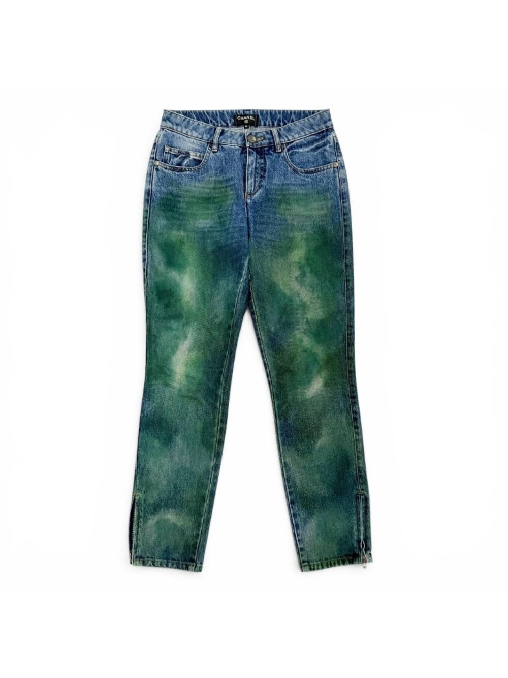 Chanel Cotton Painted CC Logo Hem Zip Skinny Denim Pants Indigo Blue 36